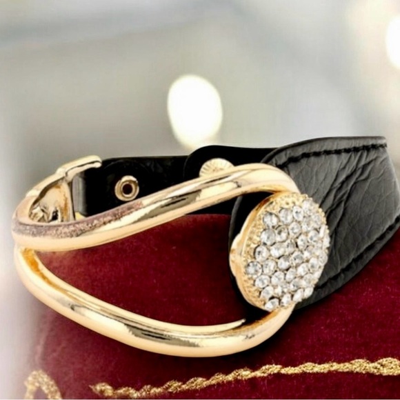 Off Park Collection White Crystal Black Imitation Leather Gold Tone Bracelet - Picture 2 of 5
